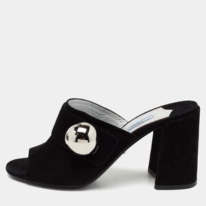 Prada Black Suede Open-Toe Mule with Silver Sphere Accent